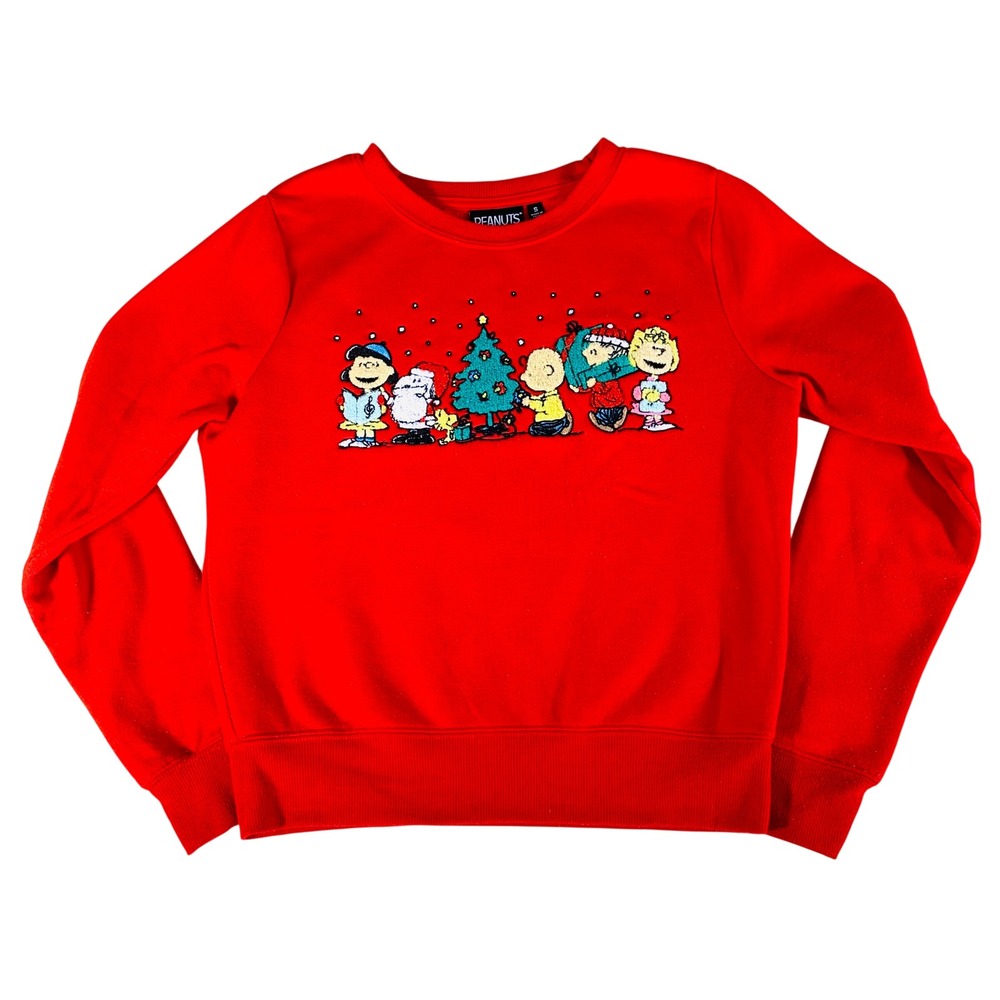 Peanuts Christmas Sweatshirt Womens Small Red Snoopy Holiday 18W x 20.5L